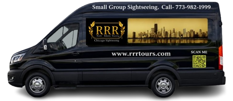 The actual RRRTours Ford Transit HD 350 High Roof van — gold RRR Chicago Sightseeing branding on the side